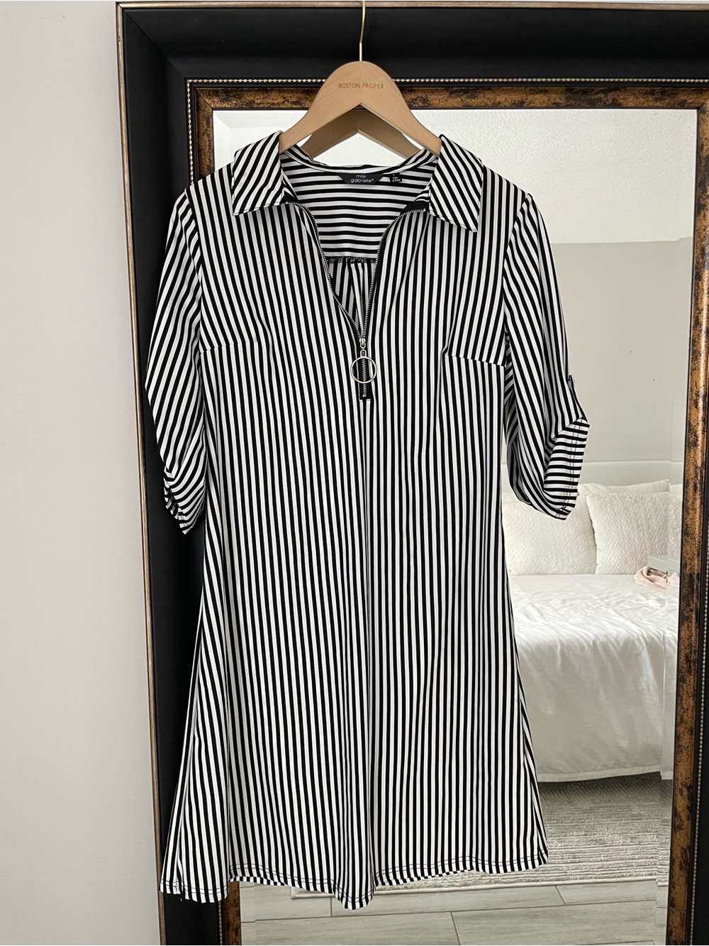 Mlle Gabrielle Black White Striped Zip Front Shirt Dress Size S - Picture 2 of 5